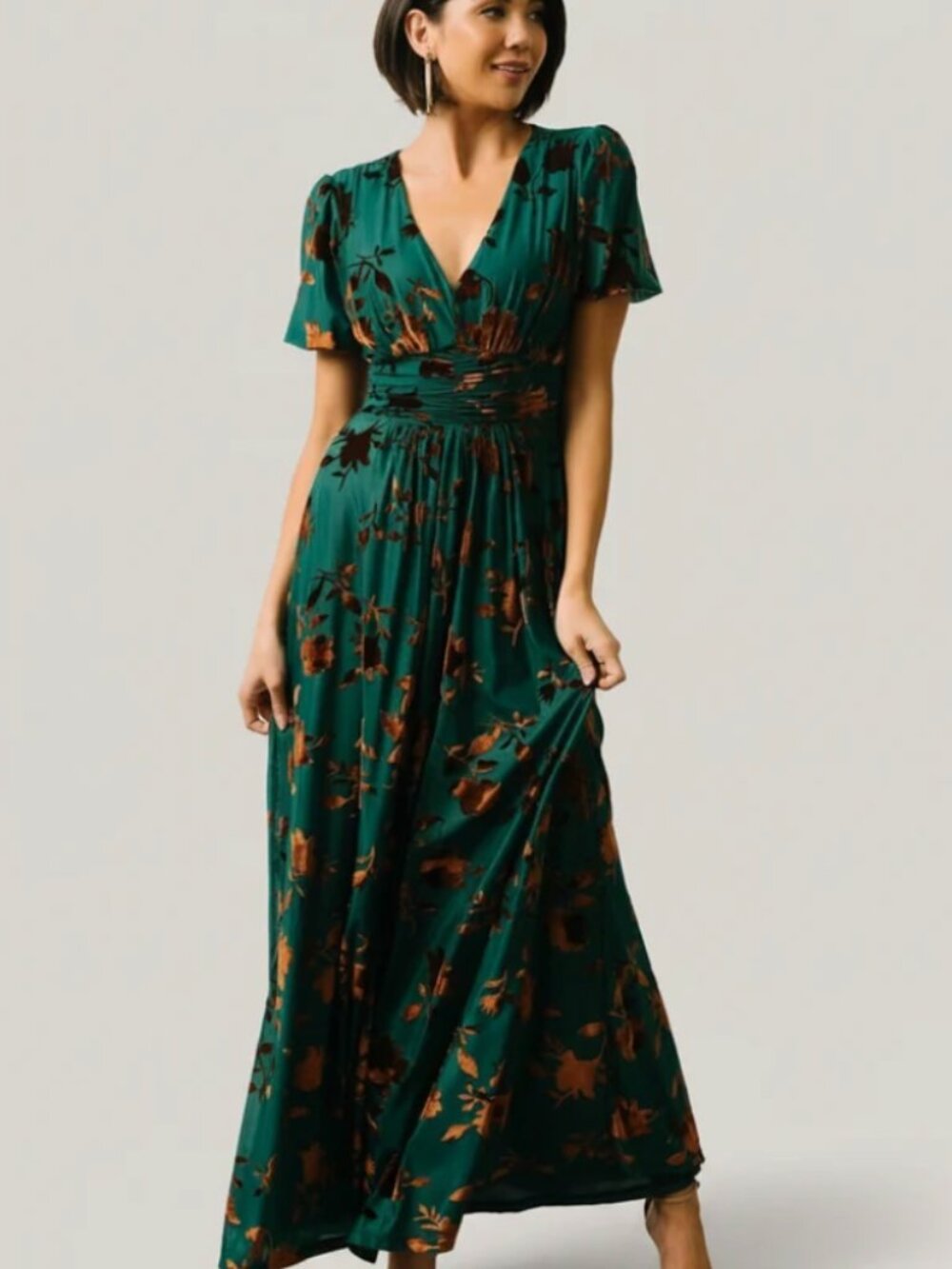 Baltic Born | Leslie Velvet Maxi Dress Floral Bronze & Jade | Size 1XL - Picture 2 of 15